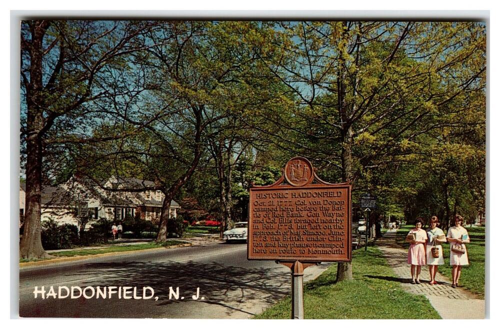 Haddonfield NJ Historic Marker Haddon Avenue Revolutionary War Chrome Postcard